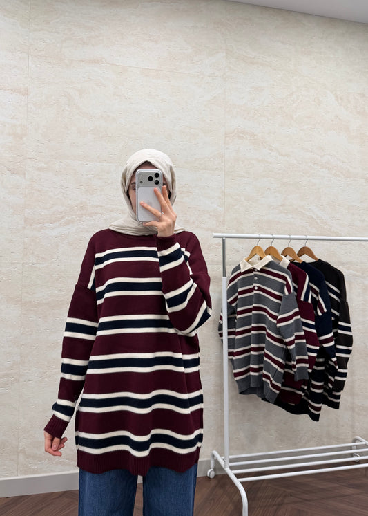 BİSİKLET YAKA ÇİZGİLİ TRİKO TUNİK BORDO