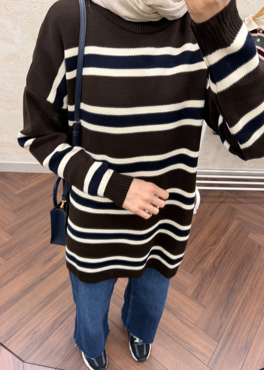 BİSİKLET YAKA ÇİZGİLİ TRİKO TUNİK KAHVE