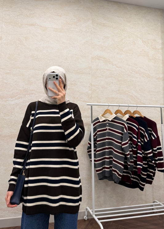 BİSİKLET YAKA ÇİZGİLİ TRİKO TUNİK KAHVE