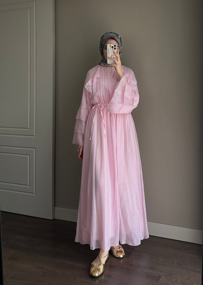 KOL DETAY TÜL ELBİSE PEMBE