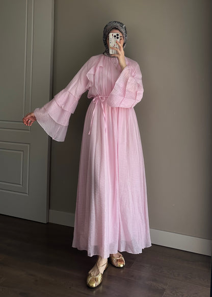 KOL DETAY TÜL ELBİSE PEMBE