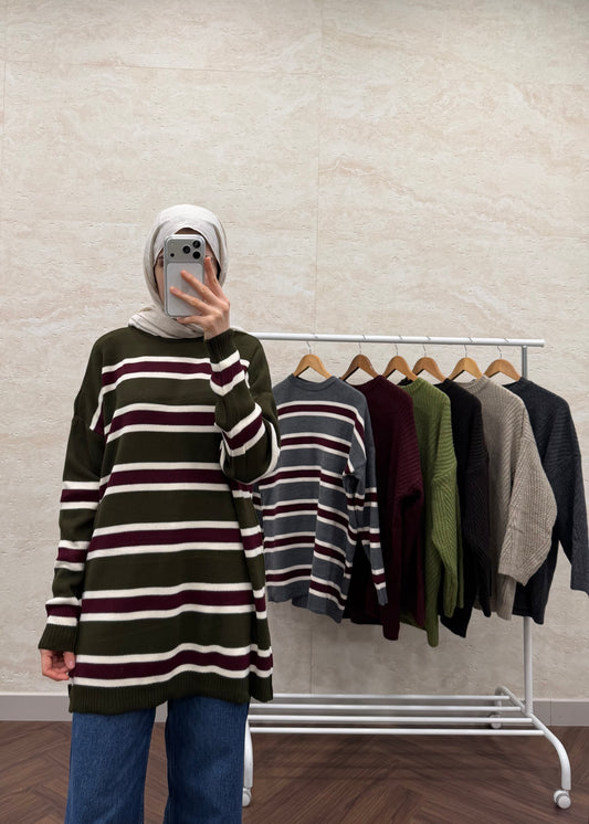 BİSİKLET YAKA ÇİZGİLİ TRİKO TUNİK HAKİ