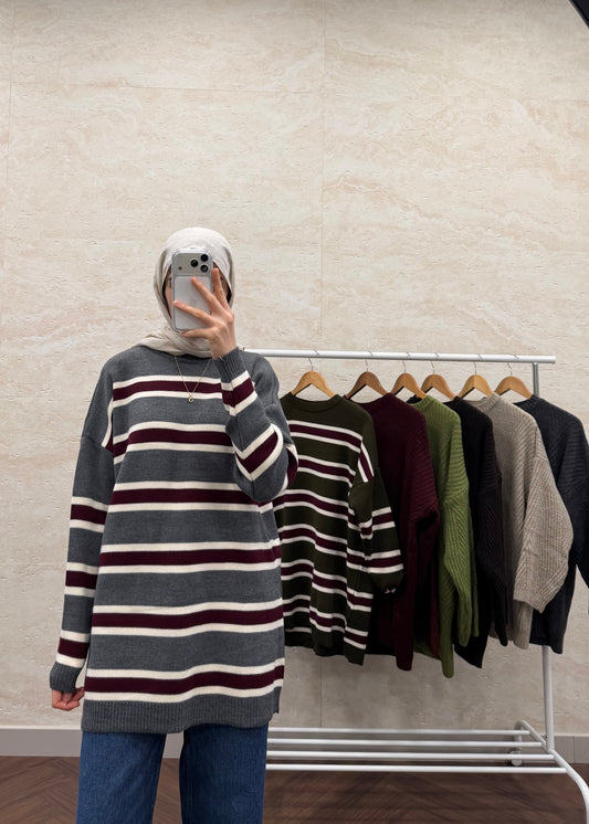 BİSİKLET YAKA ÇİZGİLİ TRİKO TUNİK GRİ