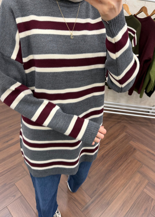 BİSİKLET YAKA ÇİZGİLİ TRİKO TUNİK GRİ