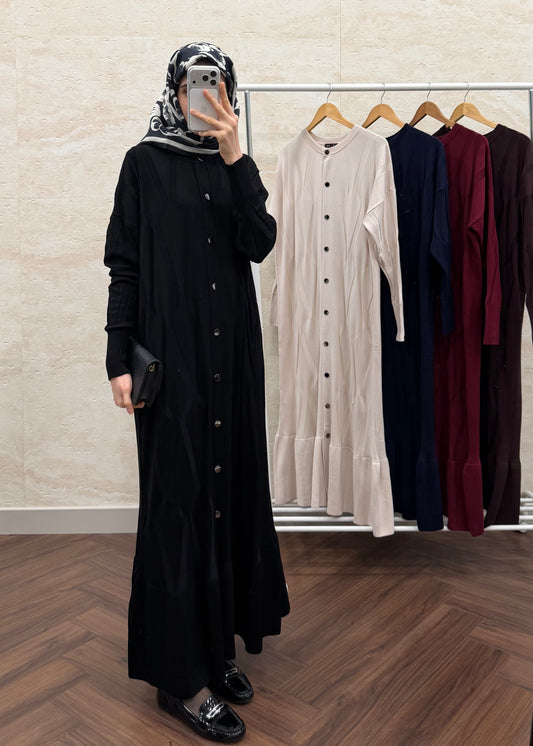 DESENLİ DÜĞMELİ MERSERİZE ELBİSE SİYAH