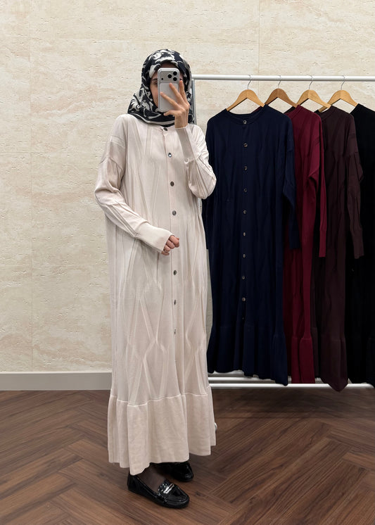 DESENLİ DÜĞMELİ MERSERİZE ELBİSE KREM