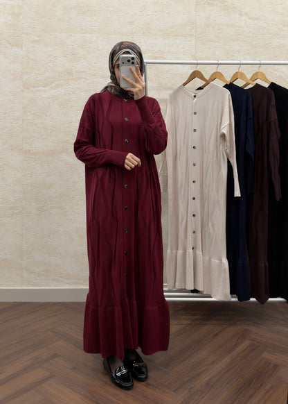 DESENLİ DÜĞMELİ MERSERİZE ELBİSE BORDO