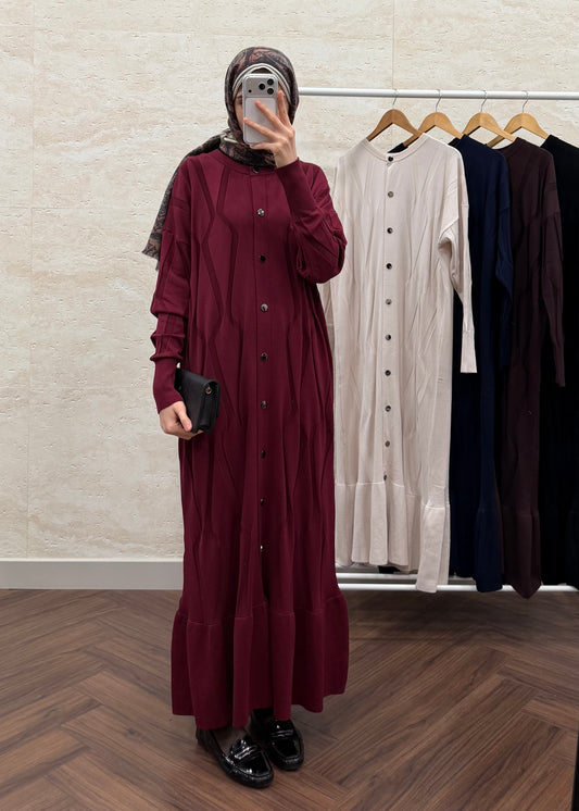 DESENLİ DÜĞMELİ MERSERİZE ELBİSE BORDO