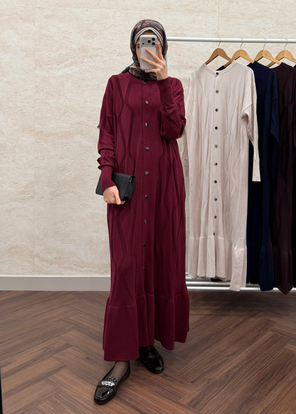 DESENLİ DÜĞMELİ MERSERİZE ELBİSE BORDO