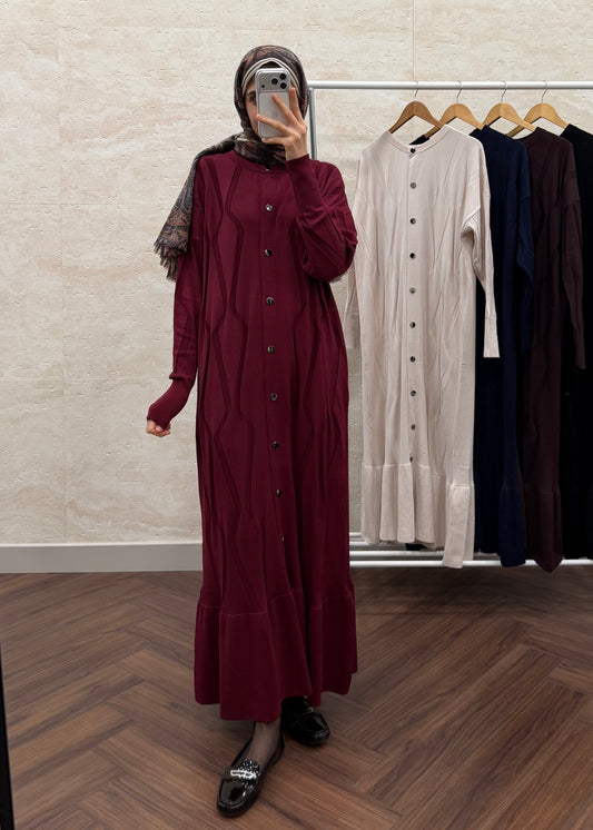 DESENLİ DÜĞMELİ MERSERİZE ELBİSE BORDO