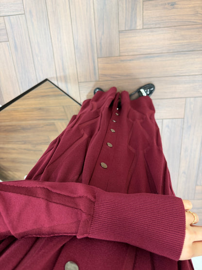 DESENLİ DÜĞMELİ MERSERİZE ELBİSE BORDO