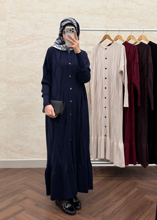 DESENLİ DÜĞMELİ MERSERİZE ELBİSE LACİVERT