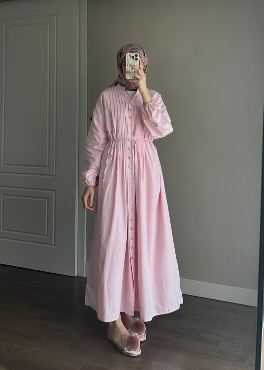 NERVÜRLÜ POPLİN ELBİSE PEMBE
