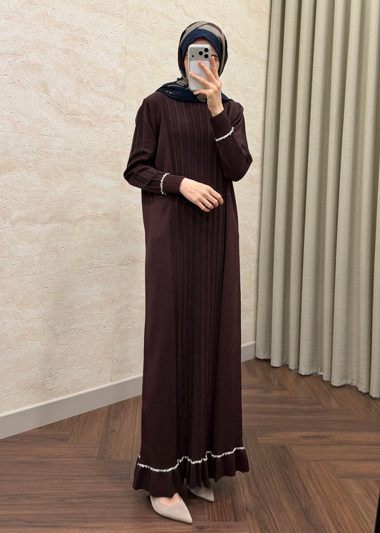 TAŞLI MERSERİZE ELBİSE KAHVE