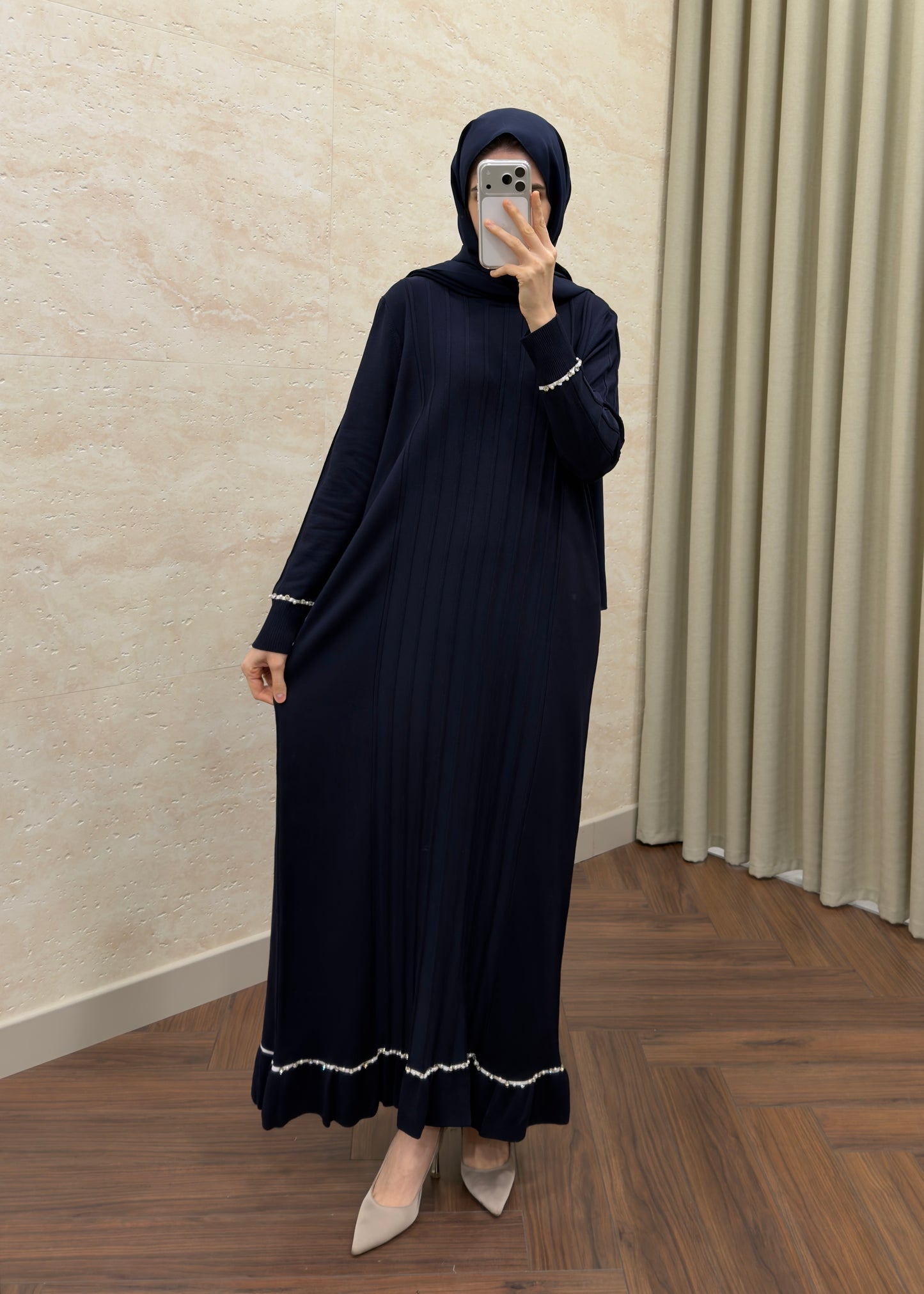 TAŞLI MERSERİZE ELBİSE LACİVERT
