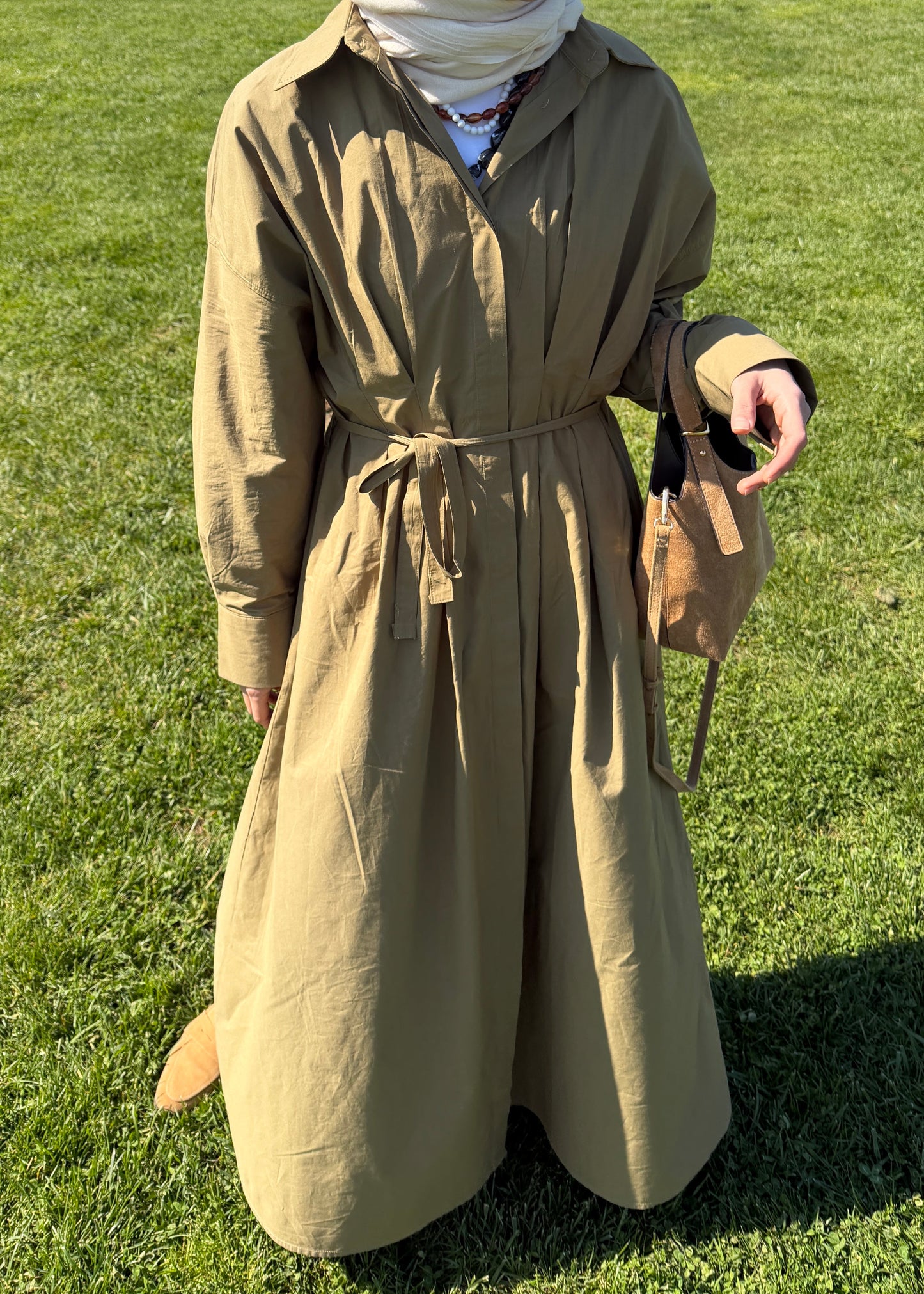 PİLE DETAY POPLİN GÖMLEK ELBİSE YAĞ YEŞİLİ