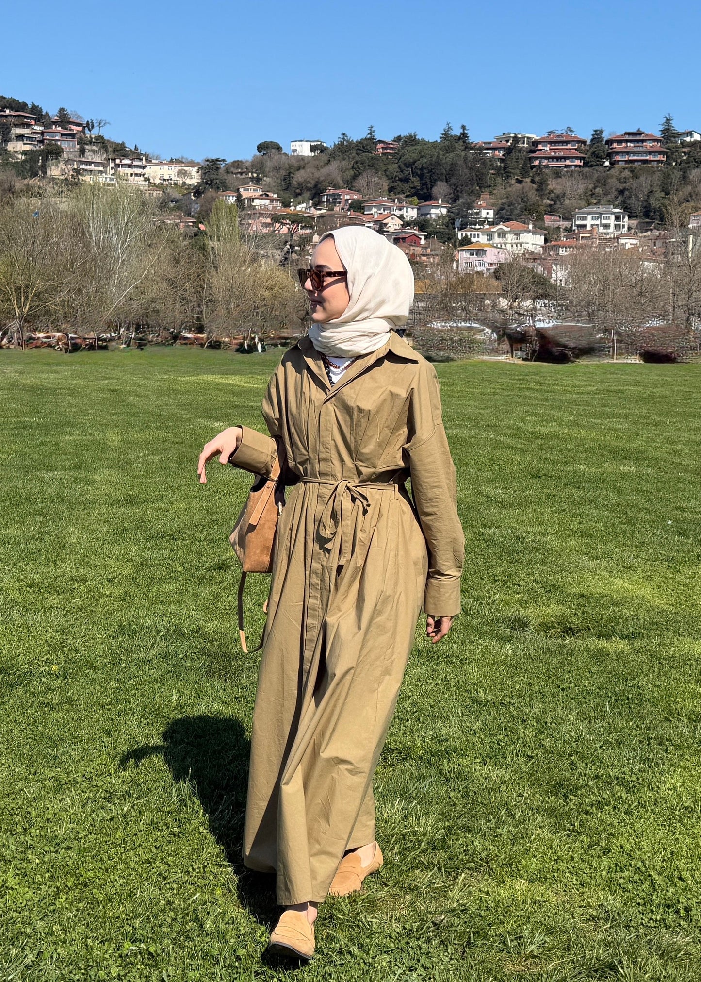 PİLE DETAY POPLİN GÖMLEK ELBİSE YAĞ YEŞİLİ