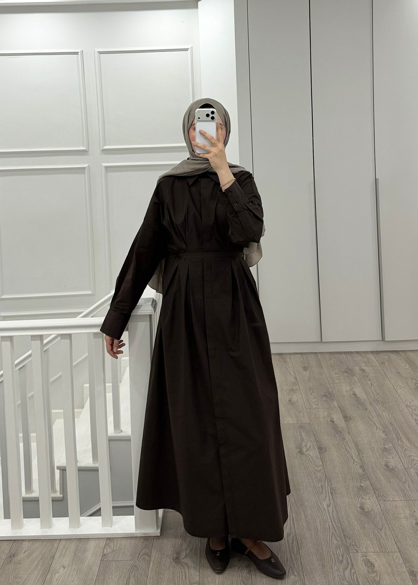 PİLE DETAY POPLİN GÖMLEK ELBİSE KAHVE