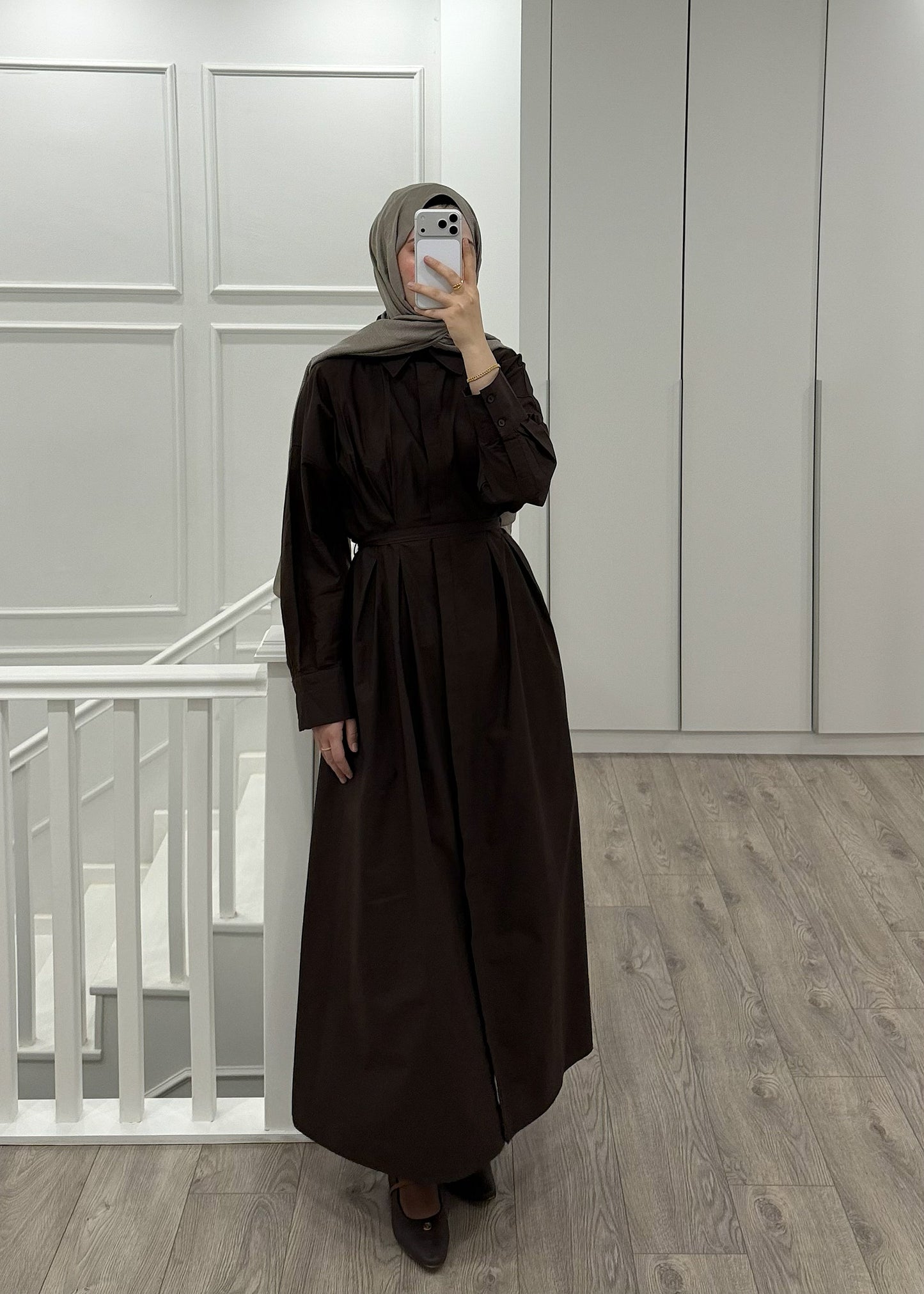 PİLE DETAY POPLİN GÖMLEK ELBİSE KAHVE