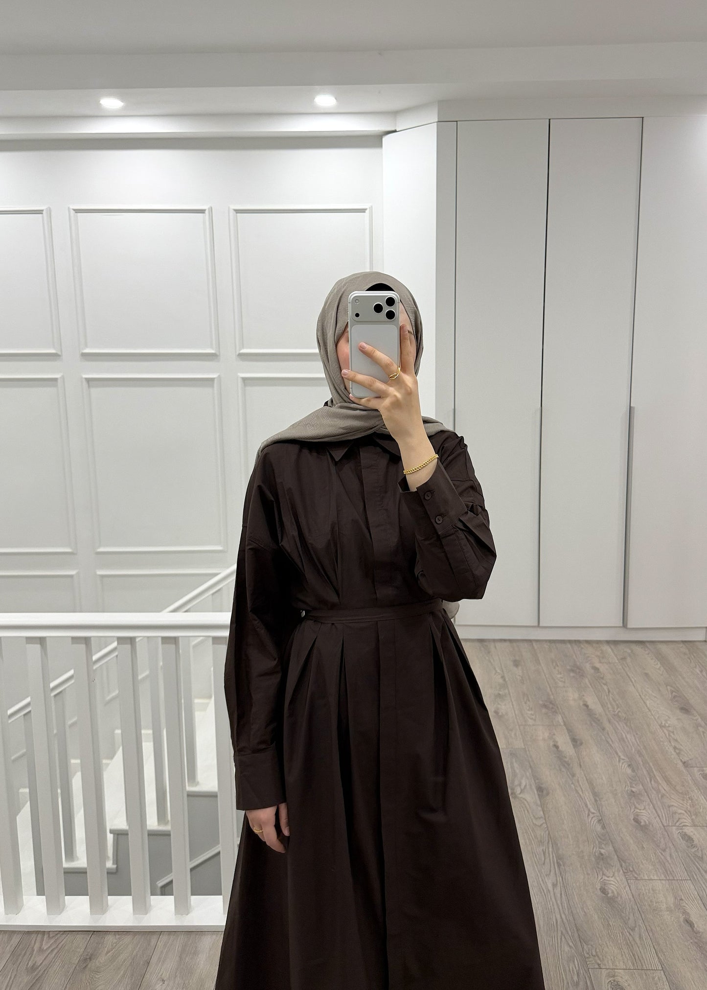 PİLE DETAY POPLİN GÖMLEK ELBİSE KAHVE