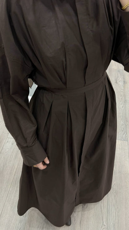 PİLE DETAY POPLİN GÖMLEK ELBİSE KAHVE