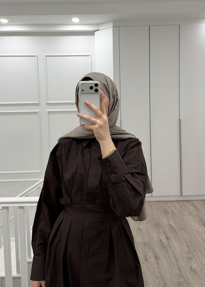 PİLE DETAY POPLİN GÖMLEK ELBİSE KAHVE