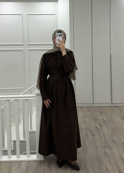 PİLE DETAY POPLİN GÖMLEK ELBİSE KAHVE