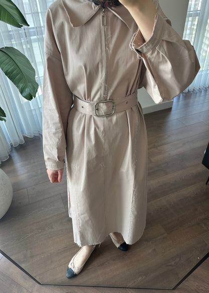 FERMUARLI POPLİN ELBİSE BEJ