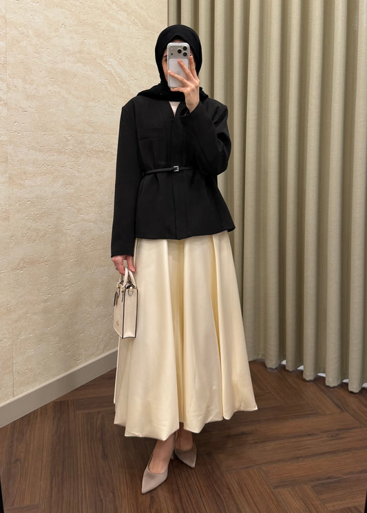 DERİ KEMERLİ CEKET SİYAH