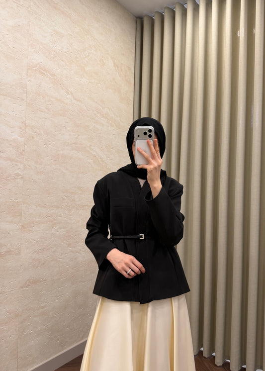 DERİ KEMERLİ CEKET SİYAH