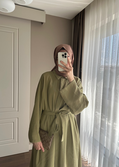 KUŞAKLI GÖMLEK ELBİSE YAĞ YEŞİLİ