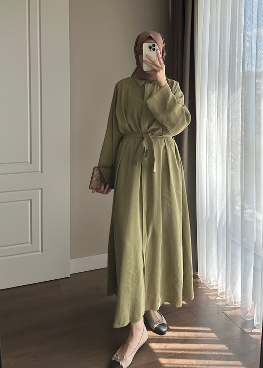 KUŞAKLI GÖMLEK ELBİSE YAĞ YEŞİLİ