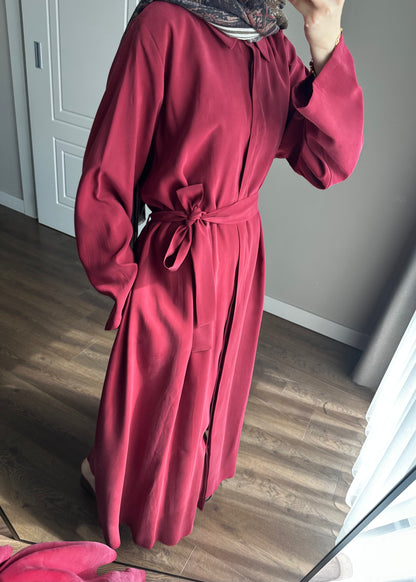 KUŞAKLI GÖMLEK ELBİSE BORDO