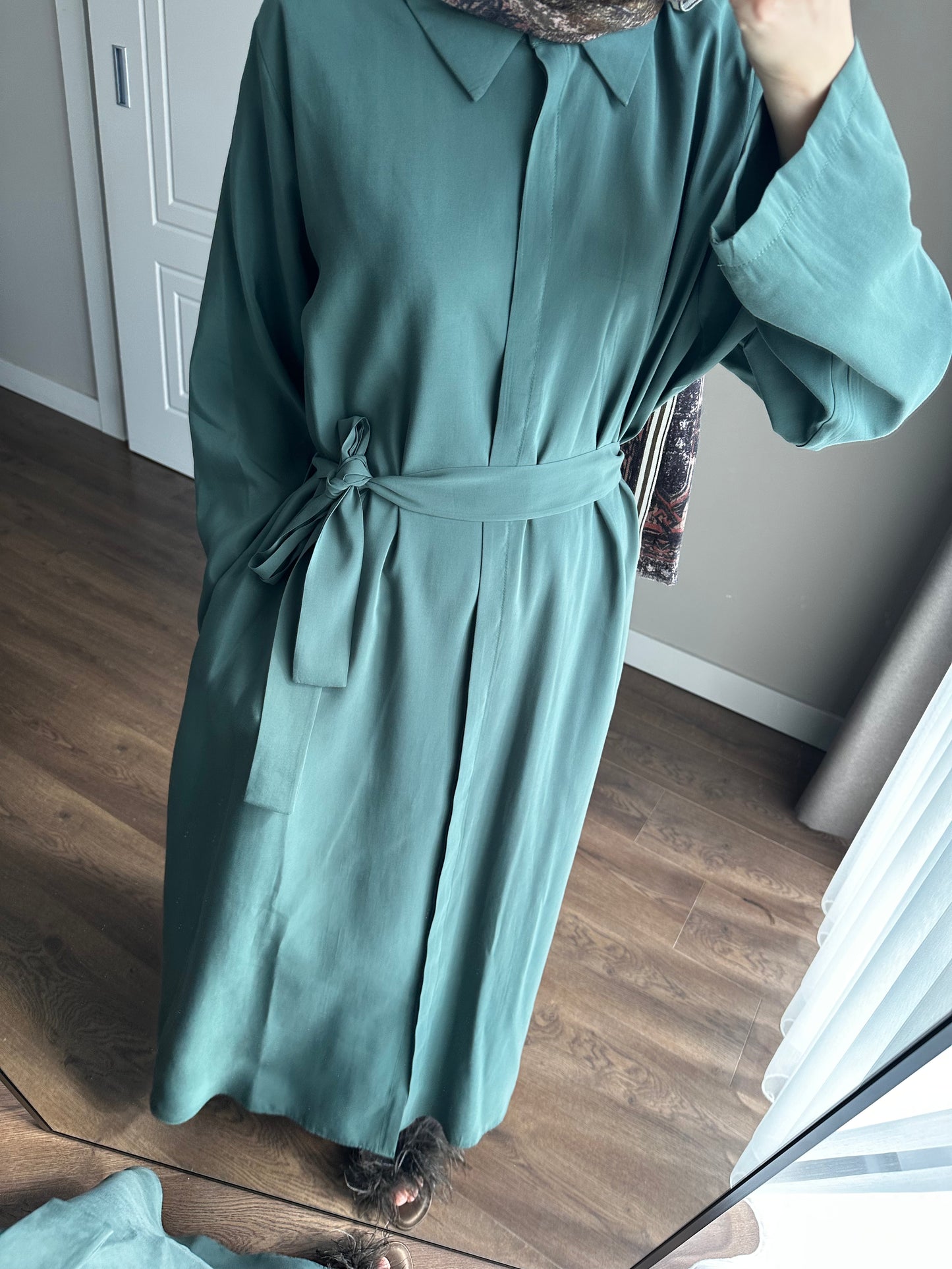 KUŞAKLI GÖMLEK ELBİSE NEFTİ YEŞİL