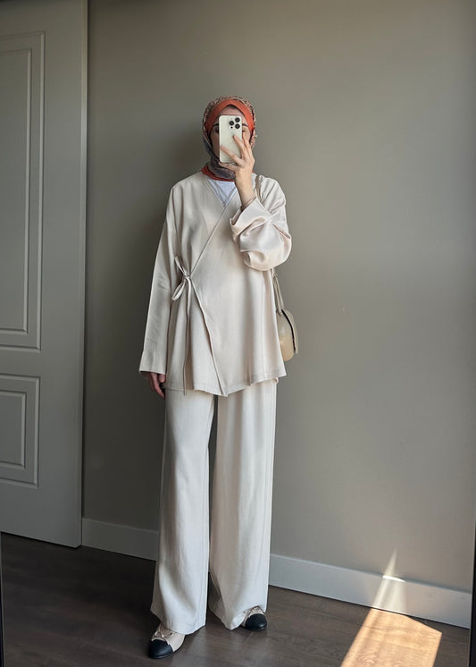 TENSEL KİMONO TAKIM BEJ