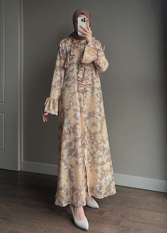 ŞİFON ÇİÇEK DESENLİ ELBİSE SARI