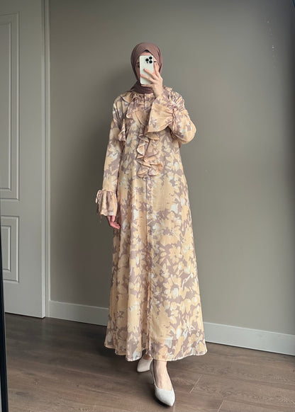 ŞİFON ÇİÇEK DESENLİ ELBİSE SARI