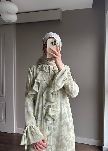 ŞİFON ÇİÇEK DESENLİ ELBİSE YEŞİL