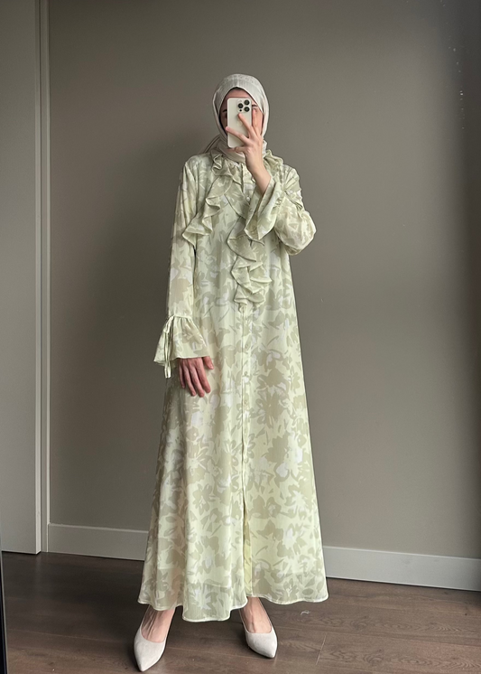 ŞİFON ÇİÇEK DESENLİ ELBİSE YEŞİL