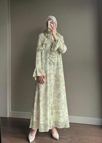 ŞİFON ÇİÇEK DESENLİ ELBİSE YEŞİL