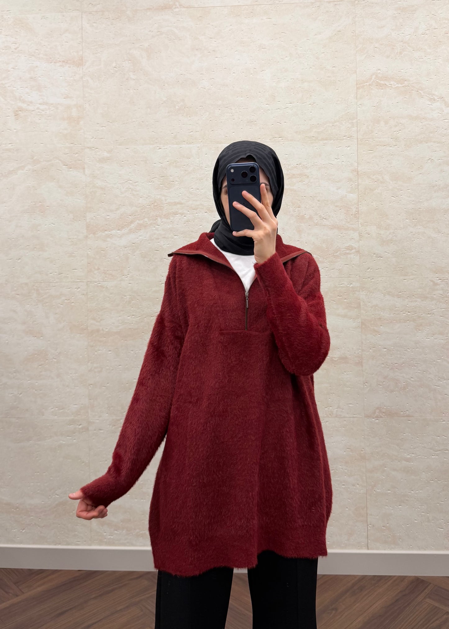 YUMOŞ FERMUARLI YAKA KAZAK BORDO