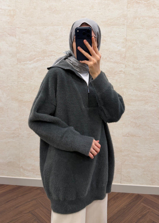 YUMOŞ FERMUARLI YAKA KAZAK FÜME