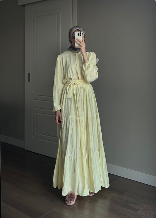 BELİ LASTİKLİ ÇİLEK ELBİSE SARI