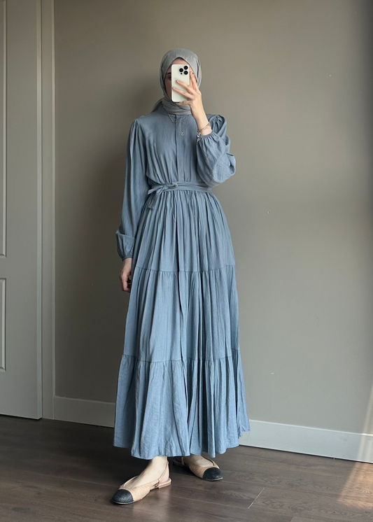 BELİ LASTİKLİ ÇİLEK ELBİSE GRİ