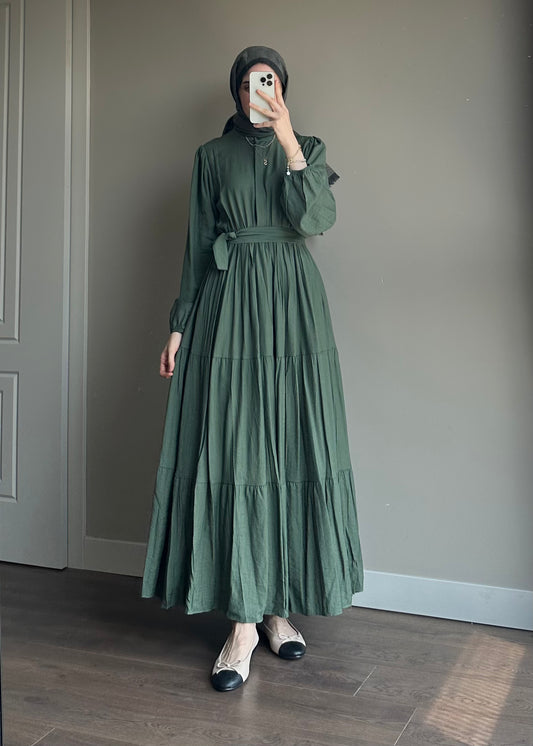 BELİ LASTİKLİ ÇİLEK ELBİSE YEŞİL