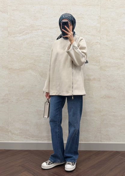 FERMUAR DETAYLI KAŞE SWEATSHIRT TAŞ