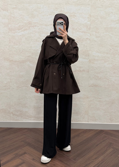DERİ KEMERLİ OVERSIZE TRENÇKOT ACI KAHVE